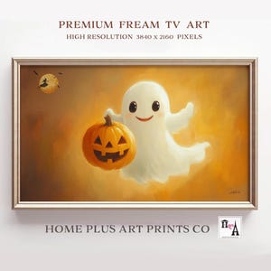 Halloween Frame TV Art, Cute Ghost Holding Pumpkin Samsung Frame TV Art, Cute Ghost Halloween Tv Screensaver, Spooky Season Kids Decor TV364