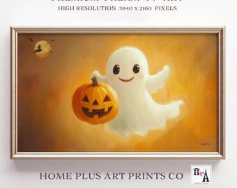 Halloween Cute Ghost Frame TV Art, Ghost Holding Pumpkin Painting Samsung Frame TV Art,Halloween Tv Screensaver,Spooky Season Kids TV, TV364