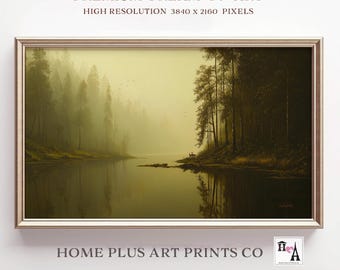 Vintage Landscape Painting Frame TV Art, Fall Forest Lake Painting for Samsung Frame TV, Seasonal Digital Download, Rustic Fall Decor, TV425