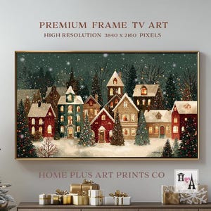 Décoration pour téléviseur avec cadre village de Noël : paysage d'hiver vintage (téléchargement numérique), TV448