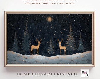 May include: A digital art print of two golden deer standing in a snowy forest under a starry night sky with a full moon. The print has the text "PREMIUM FREAM TV ART" and "HIGH RESOLUTION 3840 x 2160 PIXELS" at the top and "HOME PLUS ART PRINTS CO" at the bottom.