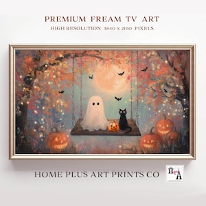 Pode incluir: Uma impressão de arte emoldurada com tema de Halloween. A obra retrata um fantasma, um gato preto e uma abóbora numa baloiço, com uma lua cheia ao fundo. O texto "PREMIUM FREAM TV ART" e "HOME PLUS ART PRINTS CO" é visível.