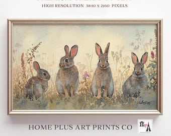 Bunnies in Wildflower Field Frame TV Art, Vintage Easter TV Frame Farmhouse Decor, Bunny Painting Nursery, Spring Bunny Rabbits Decor, TV248