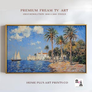 Coastal Frame TV Art,Sailboat Art for TV,Tropical Summer Samsung Frame TV Art,Neutral Coastal Oil Painting,Tropical Palms Screensaver, TV314