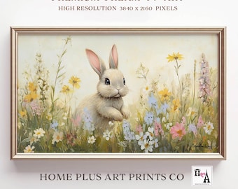 Easter Bunny Samsung Frame TV Art Spring Easter TV Frame Art Spring Wildflowers Painting Vintage Bunny Easter Art Digital Download, TV261