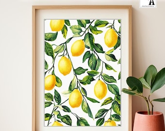 May include: A framed art print featuring a watercolor illustration of lemons and green leaves on a white background. The print is in a light brown wooden frame. The text "HOME PLUS ART PRINTS CO" is at the top.
