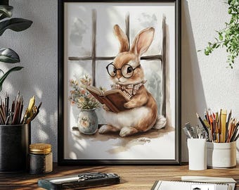 Cute Easter Bunny Reading Book Print Watercolor Easter Rabbit Printable Art Spring Easter Nursery Home Decor Vintage Easter Art,  W28