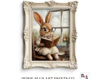 Cute Easter Bunny Reading Book Print Vintage Easter Print Spring Easter Art Easter Home Decor Cottage Core Print Academia Decor, W25