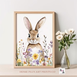 Spring Bunny Rabbit in Wildflower Field Print Easter Printable Art Vintage Easter Print Rabbit Art  Watercolor Spring Easter Wall Art, W23