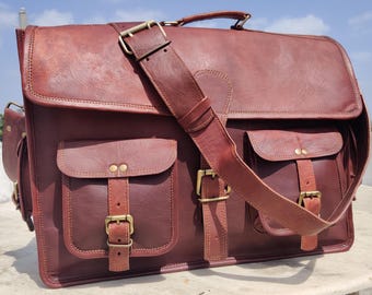 Personalized Leather Laptop Messenger Bag: Rustic Vintage Crossbody Briefcase
