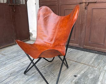 Lot de 2 Chaises Papillon en Cuir Marron – Fauteuils Vintage Rétro en Cuir Fait Main avec Structure Métal