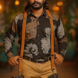 May include: A person wearing a black paisley shirt and tan trousers, with brown leather camera straps holding two cameras. The background is blurred with bokeh lights.