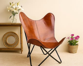 Set of 2 Tan Leather Butterfly Chairs | Handmade Vintage Retro Accent Chairs | Genuine Leather Lounge Seating with Iron Frame