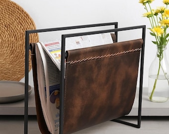 Black Leather Magazine Rack – Modern Iron Frame Book Organizer