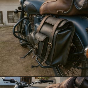 Leather Motorcycle Saddle Bags (Pair) – Vintage Bike Panniers, Fork Tool Barrel Bag, Travel Storage for Motorcycles & Bicycles