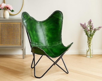 Chaise papillon vintage en cuir vert | Fauteuil d'appoint bohème
