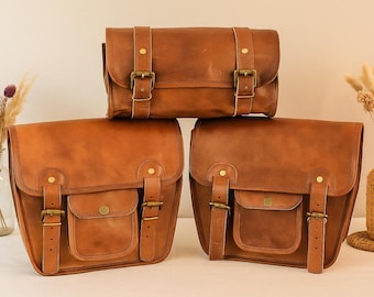 Handmade Leather Motorcycle Saddle Bags – Pannier Tool Bag Set