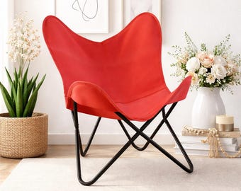 Red Canvas Butterfly Chairs – Folding Black Iron Frame, Boho Lounge Seating