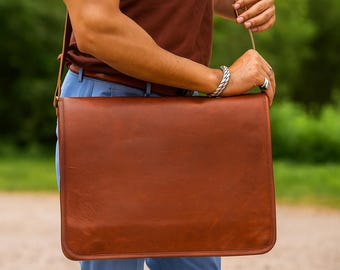 Besace fait main en cuir de chèvre | Sacoche pour ordinateur portable rustique