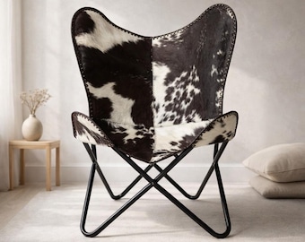 Handmade Black & White Hair-On-Hide Leather Butterfly Chair, Mid Century BKF Lounge
