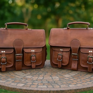 Brown Leather Motorcycle Saddlebags | Set of 2 Vintage Side Pouch Bags | Genuine Goat Leather | Universal Fit Bike Luggage