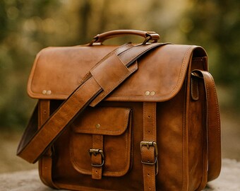 Handmade Goat Leather Messenger Bag: Vintage Crossbody Laptop Briefcase