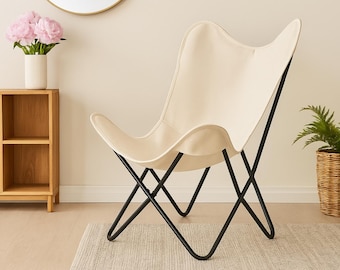 Chaise Papillon en Toile Blanche Fait Main – Lot de 2, Structure Pliante en Fer Noir, Fauteuil Lounge Moderne pour Salon, Balcon & Terrasse