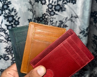 Carmel Aged Leather Slim Wallet – Minimalist Card Holder with ID Slot