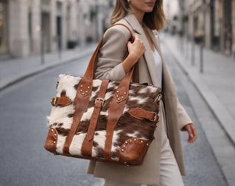 Sac fourre-tout en cuir de vachette fait main : sac à main bohème occidental, sac de voyage vintage rustique