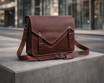 Sac messager fait main en cuir de chèvre | Sacoche pour ordinateur portable vintage, accastillage en laiton