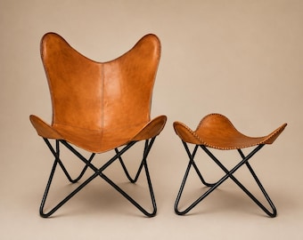 Handmade Tan Buffalo Leather Butterfly Chair & Ottoman Set, Rustic Boho Lounge Furniture