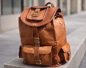 Sac à dos fait main en cuir de chèvre | Grande sacoche de voyage vintage pour ordinateur portable