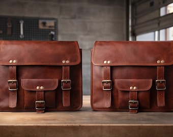 Sacoches de selle de moto en cuir marron faites main | Ensemble de sacoches de motard vintage
