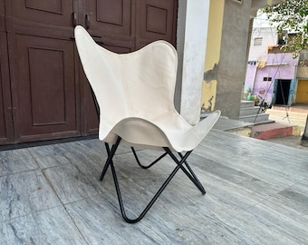 Chaise Papillon en Toile Blanche Fait Main – Lot de 2, Structure Pliante en Fer Noir, Fauteuil Lounge Moderne pour Salon, Balcon & Terrasse