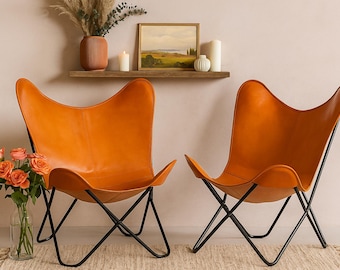 Set de 2 Sillas Mariposa de Cuero Marrón, Sillones BKF Vintage, Sillas Modernas de Diseño, Sillón Lounge de Cuero