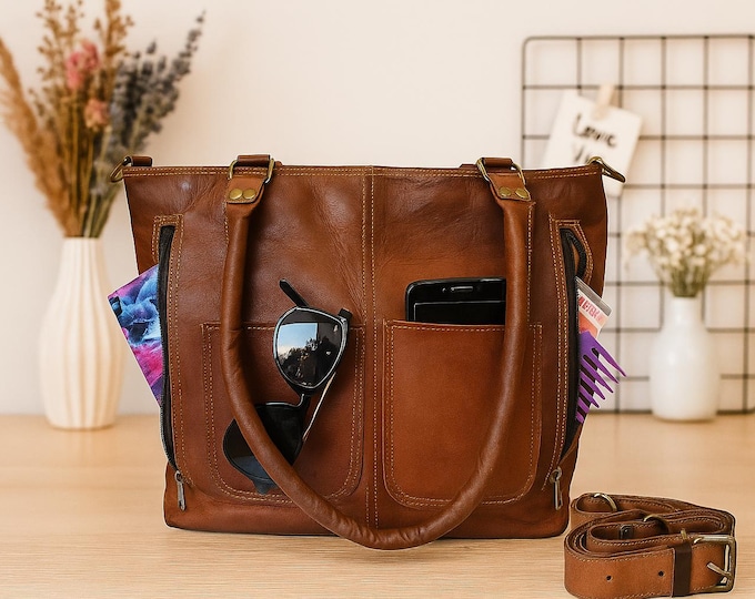 Handmade Leather Tote Bag: Large Vintage Shoulder Bag