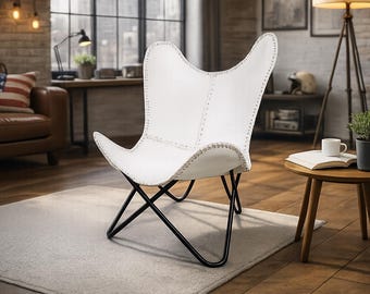 Handmade White Leather Butterfly Chair | Retro Lounge Armchair