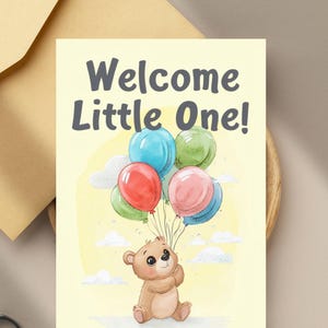 Tarjeta de oso bebé, tarjeta de bebé, globo de oso marrón, tarjeta de nacimiento, tarjeta digital de bienvenida al bebé, descarga instantánea