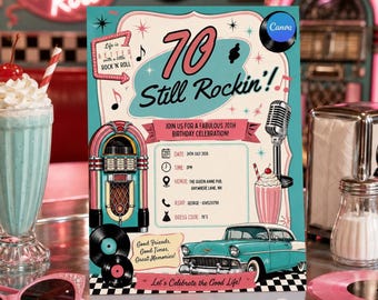 70th Birthday Invitation | Editable Vintage Retro Diner Party Template