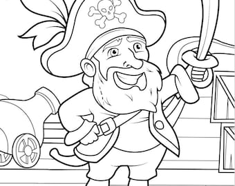 Dibujo para colorear de piratas (descarga digital) - Actividad infantil, arte pirata imprimible