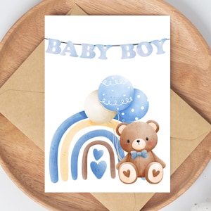 Tarjeta de celebración de bebé oso, invitación con globo de oso marrón, tarjeta de felicitaciones para niño, descarga instantánea de bebé niño, celebración azul.