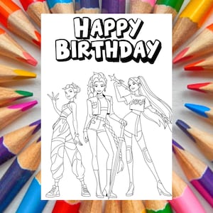 Puede incluir: Una página para colorear blanca de "Feliz Cumpleaños" con tres figuras femeninas estilizadas, rodeada por una disposición circular de lápices de colores. Los colores de los lápices incluyen rojo, naranja, amarillo, verde, azul y morado.