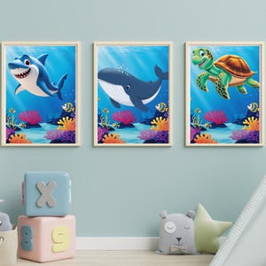 Sous la mer imprimable, art imprimable pour chambre d'enfant océan, art pour chambre d'enfant animaux marins, affiche numérique baleine, impression requin pour enfants, déco chambre d'enfant tortue