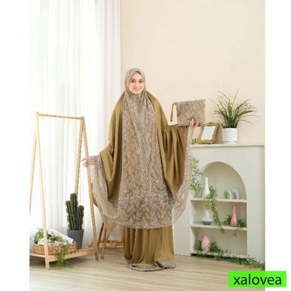 Arnami Silk 2-in-1 Jumbo Adult Mukena Stylish and Practical Prayer Set,Muslim Prayer Dress,Hijab Dress,Jilbab Dress,Telekung Dress