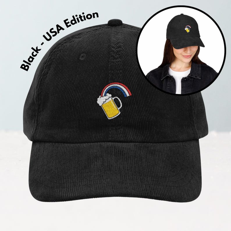 May include: Black corduroy baseball cap with an embroidered beer mug and rainbow design. The text "Black - USA Edition" is printed on the side. A smaller image shows a person wearing the cap.