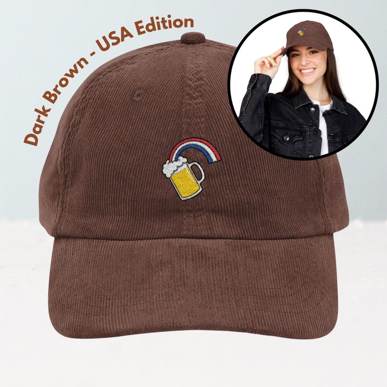 May include: Dark brown corduroy baseball cap with an embroidered beer mug and rainbow design. The text "Dark Brown - USA Edition" is printed on the cap. The cap has a curved brim and a button on top.