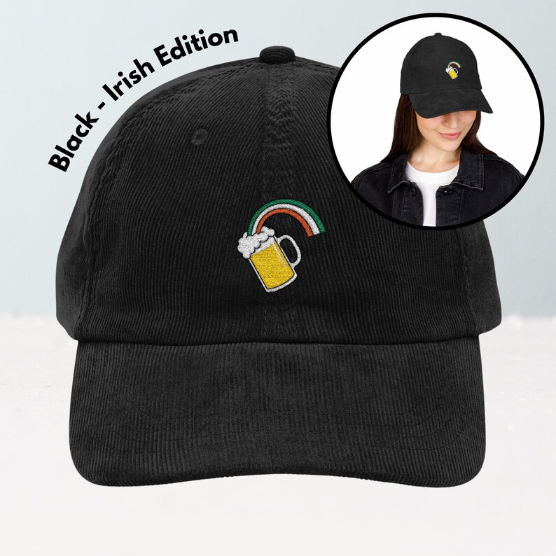 May include: Black corduroy baseball cap with an embroidered design of a beer mug and rainbow. The text "Black - Irish Edition" is printed on the side. The cap is shown in a studio setting.