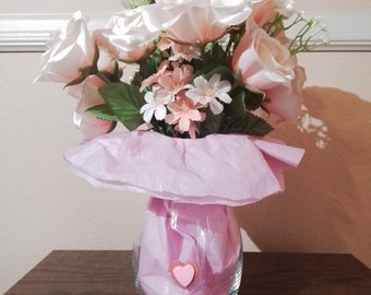 Peaches & Cream - Pale Pink Roses in an Artificial Floral Arrangement, Including Vase