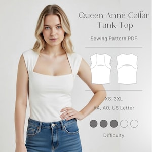 Queen Anne Collar Tank Top with Open Back (XS-3XL) PDF Sewing Pattern Digital Download