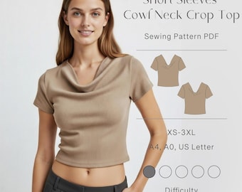 Short Sleeves Cowl Neck Crop Top XS-3XL Sewing Pattern PDF Digital Download